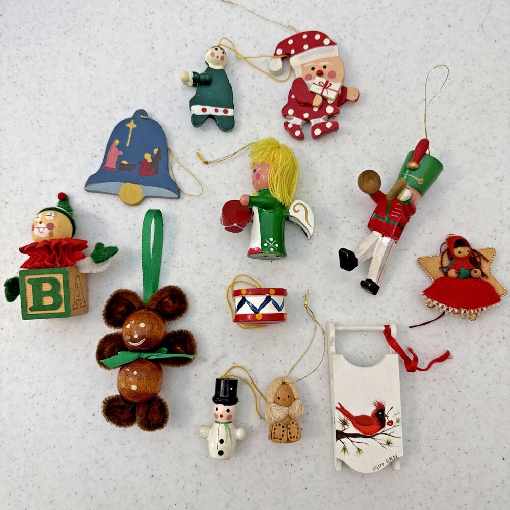 Lot of 12 Vintage Wood Ornaments Bear Cardinal Nativity Drum Angel Soldier